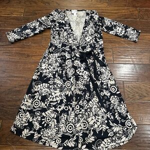 LOFT Black and Cream‎ Floral Long Sleeve Wrap Dress